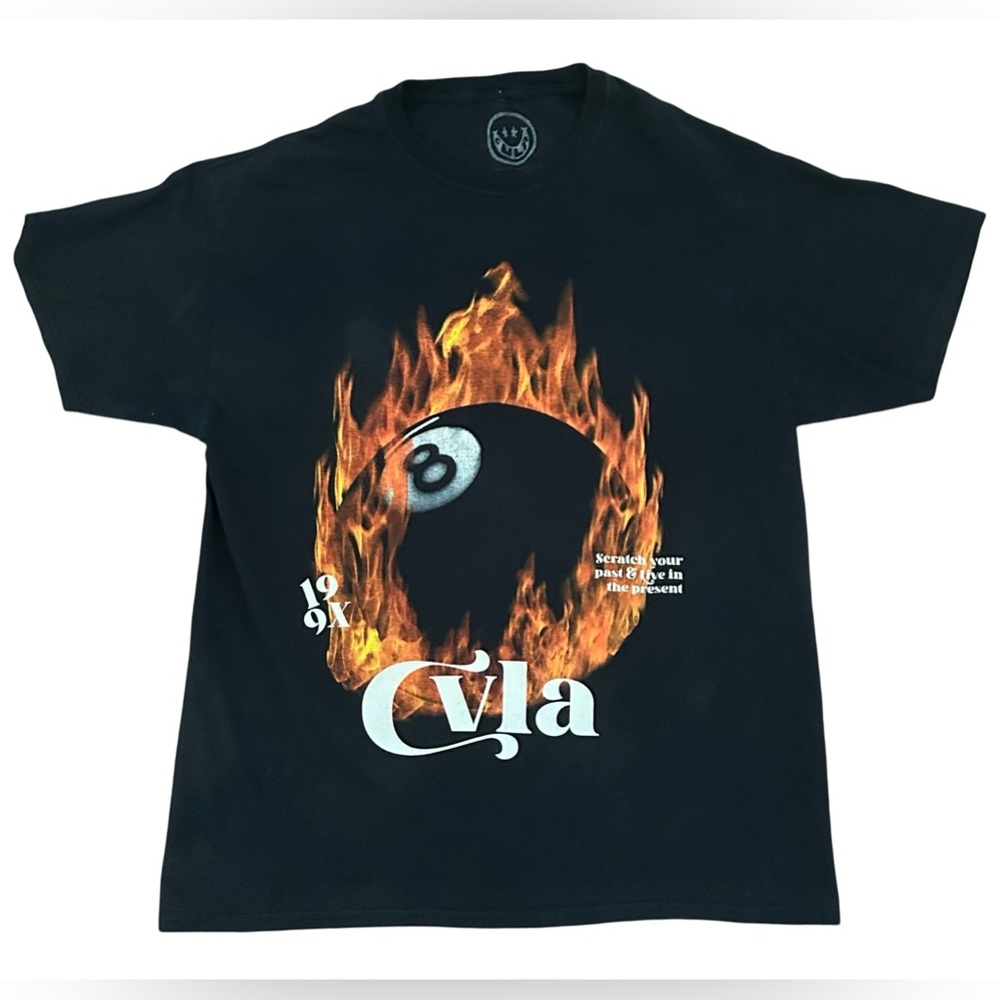 CVLA Mens Graphic Flaming 8 Ball Black Crew Neck T Shirt Sz L Streetwear